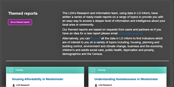 Screenshot of the Banner detailing the LG Inform Themed reports. and associated links.