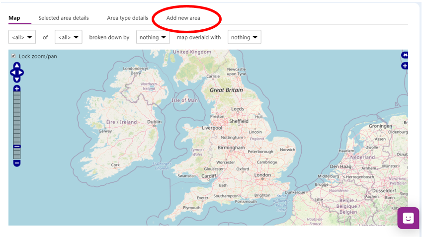 Screenshot of the Natural Neighbourhood landing page with 'Add new area' button highlighted