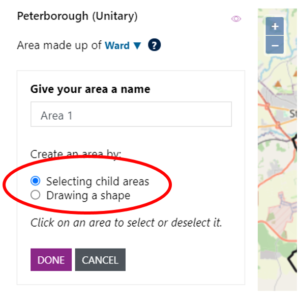 Screenshot of the two options available to begin creating an area are highlighted.