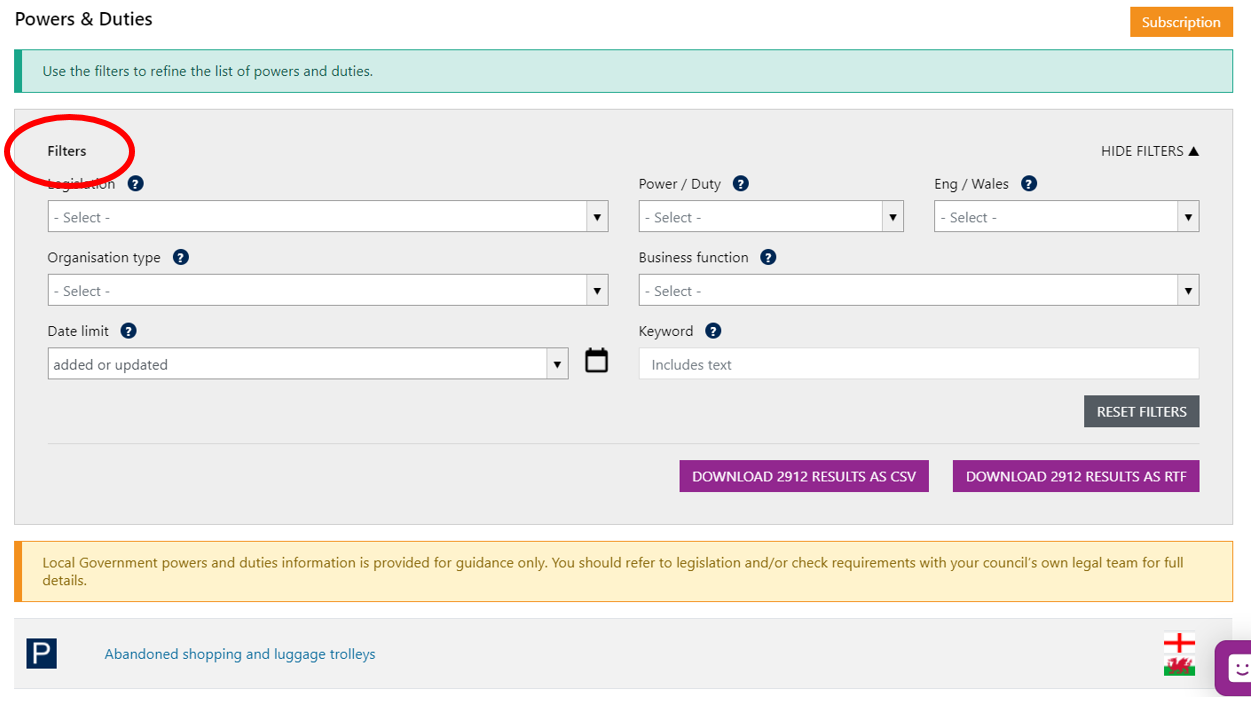 Screenshot of the filters available to use the Powers and Duty module. Each described below.