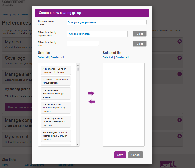 Screenshot showing the Preferences 'Create or Manage Sharing Groups' dialogue box