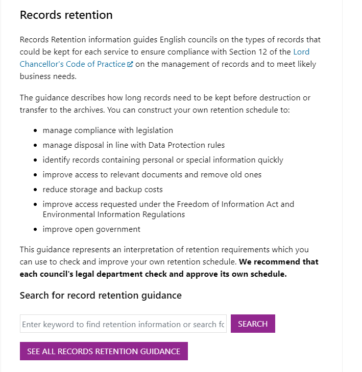 Screenshot of the Records Retention schedule landing/Home page