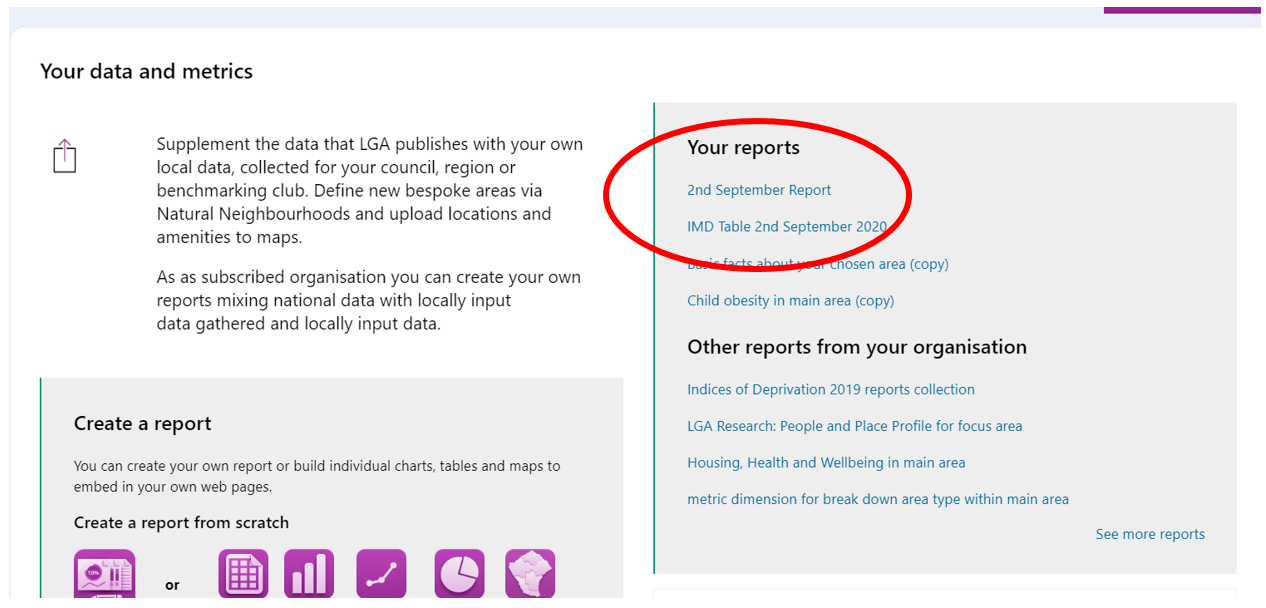 Screenshot showing where your new report will appear at top of 'Your reports' on the 'my data and metrics' hub page