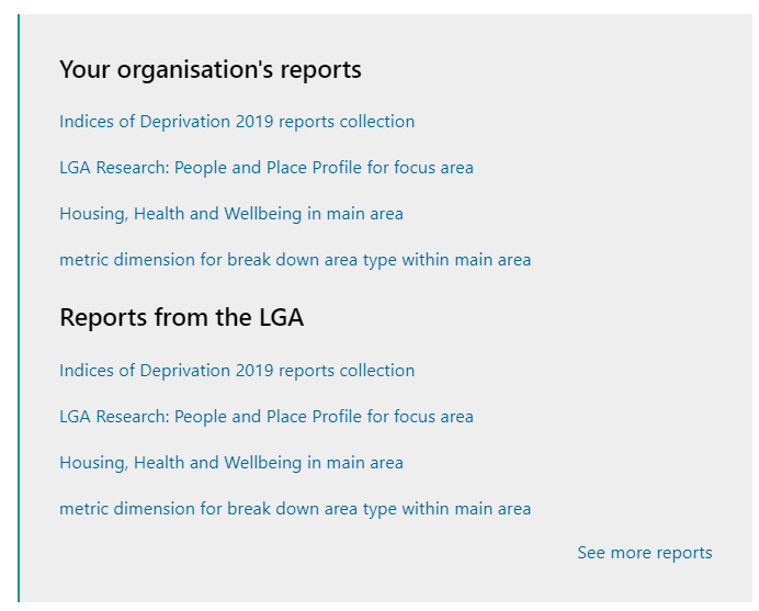 Screenshot of where 'Your Organisations' Reports and 'Reports from the LGA' are located on the Hub page.