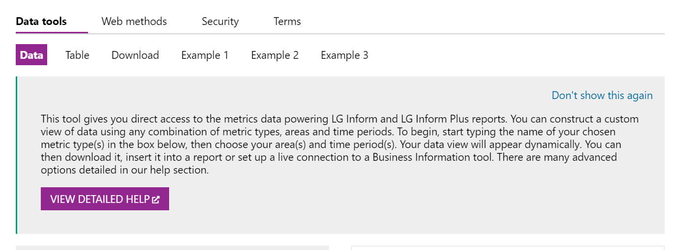 Screenshot showing detailed information on how to use the Data tool.