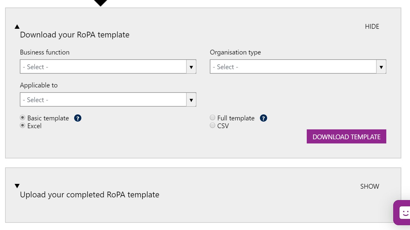 Screenshot of the RoPA Filters to be used to create and then download a template