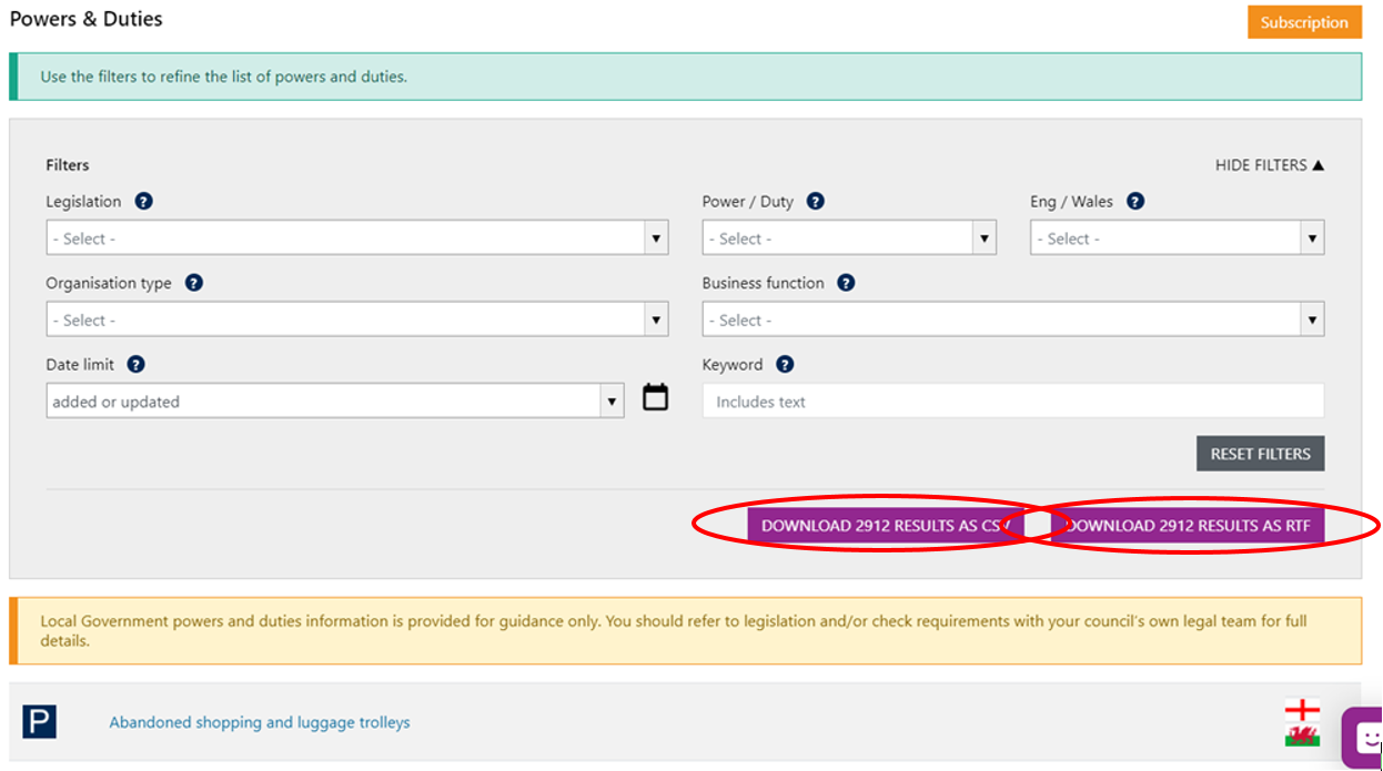 Screnshot showing the Powers and Duties downloading options: bottom right hand side of the screen.