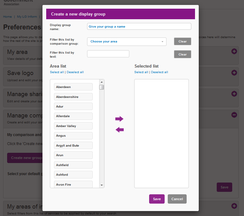 Screenshot showing the Preferences 'Manage Comparison and Display Groups' dialogue box