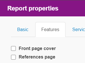 Screenshot Report Properties - Feature tab for adding 'Front cover page' and 'References' page.