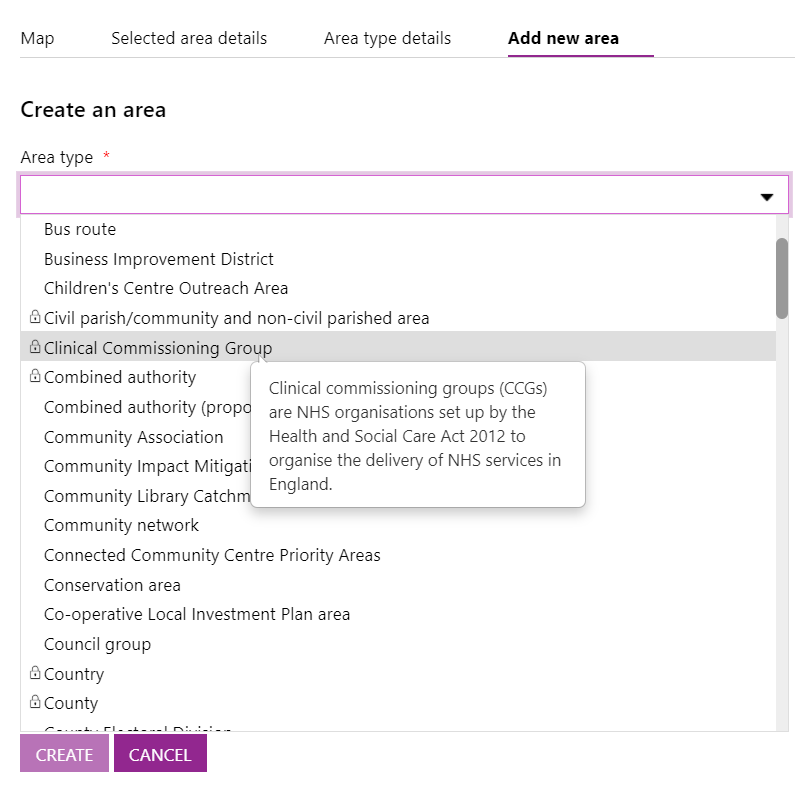 Screenshot showing contents of the 'Area type' dropdown box with one of the selections highlighted to reveal the metadata.