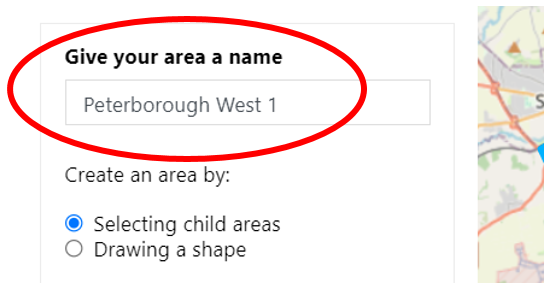Screenshot showing where the area created can be given a name.