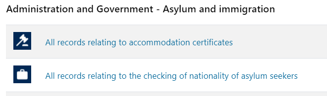 Screenshot sowing some search results. Also that the hammer and briefcase icons appear to the left of each row. The icons denote whether its a legal or business requirement to keep the records.