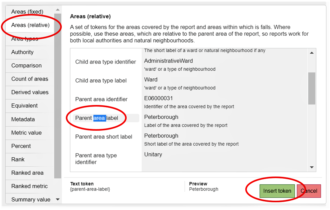 Screenshot on Inserting the text token - The position of the 'Areas (relative) function, it being opened, and where the 'Parent area label' are located. The 'Insert Token' button is also highlighted.