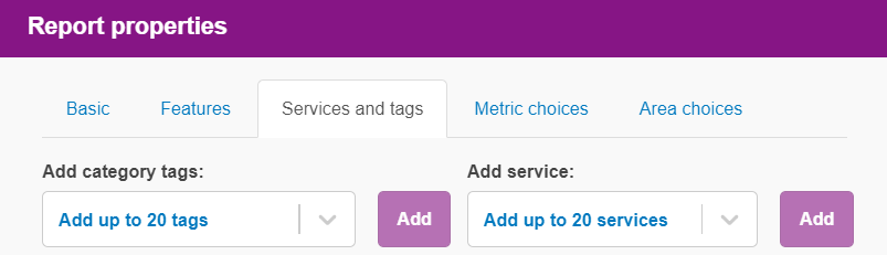 Screenshot Report Properties - adding meta data for Categories and  Services  to help retrieve reports quicker.