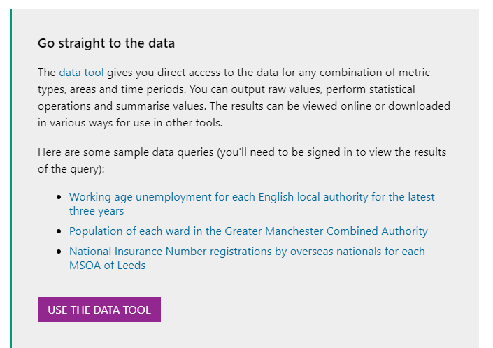 Screenshot of the link to the data tool: 'Go straight to the data' and 'Use the Data tool' button.