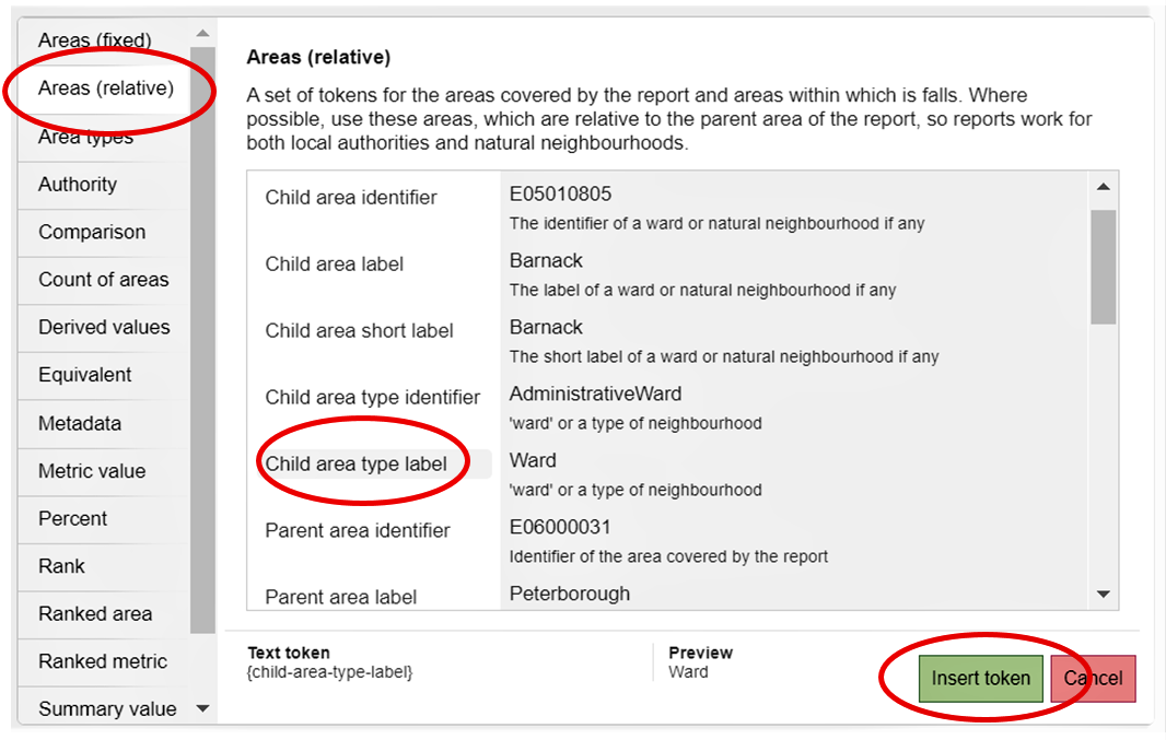 Screenshot showing where the 'Child area type' is located. The 'Insert Token' button is also highlighted.