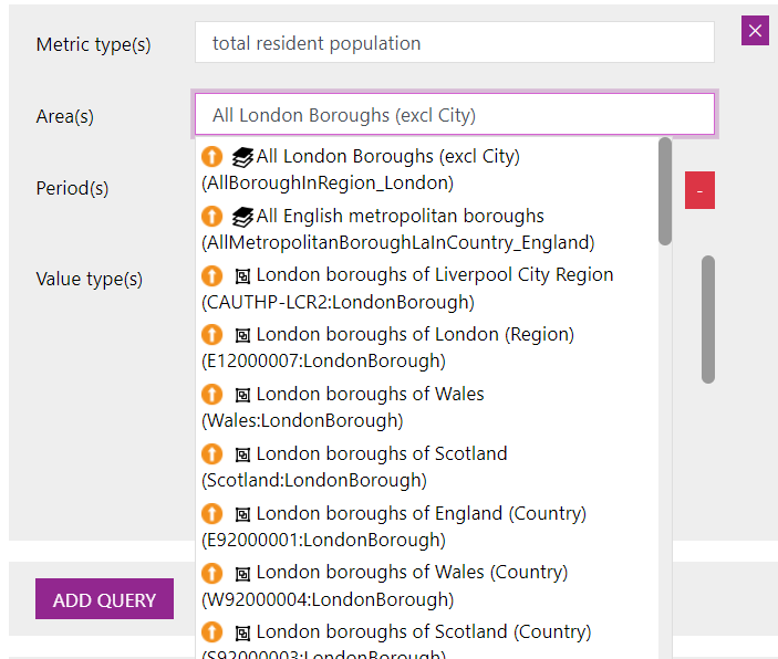 Screenshot showing a search for an area and 'All London Boroughs' area type being selected.