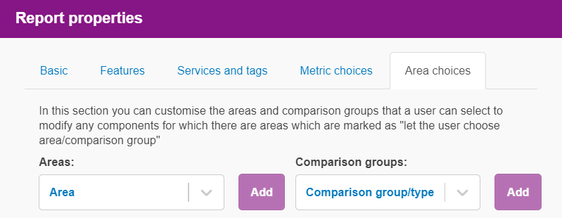 Report Properties - Area choices tab image