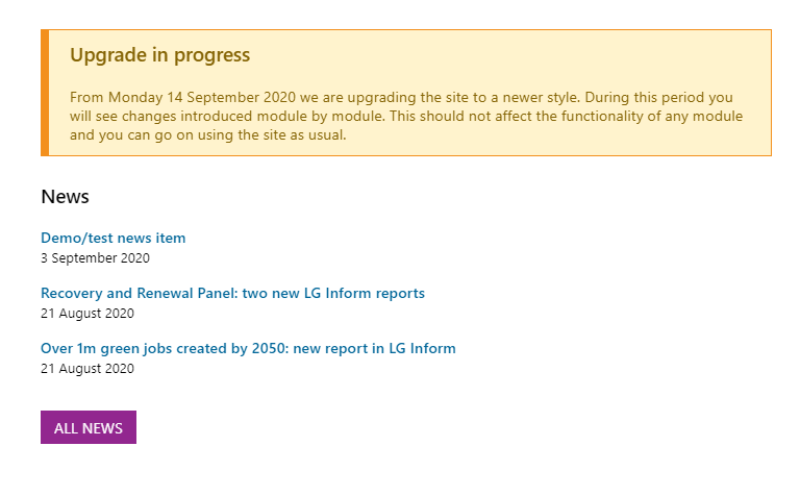 Screenshot of the news and alerts section of LG Inform Plus