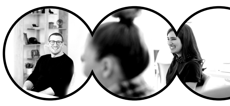 Greyscale image of meeting contained in a row of circles