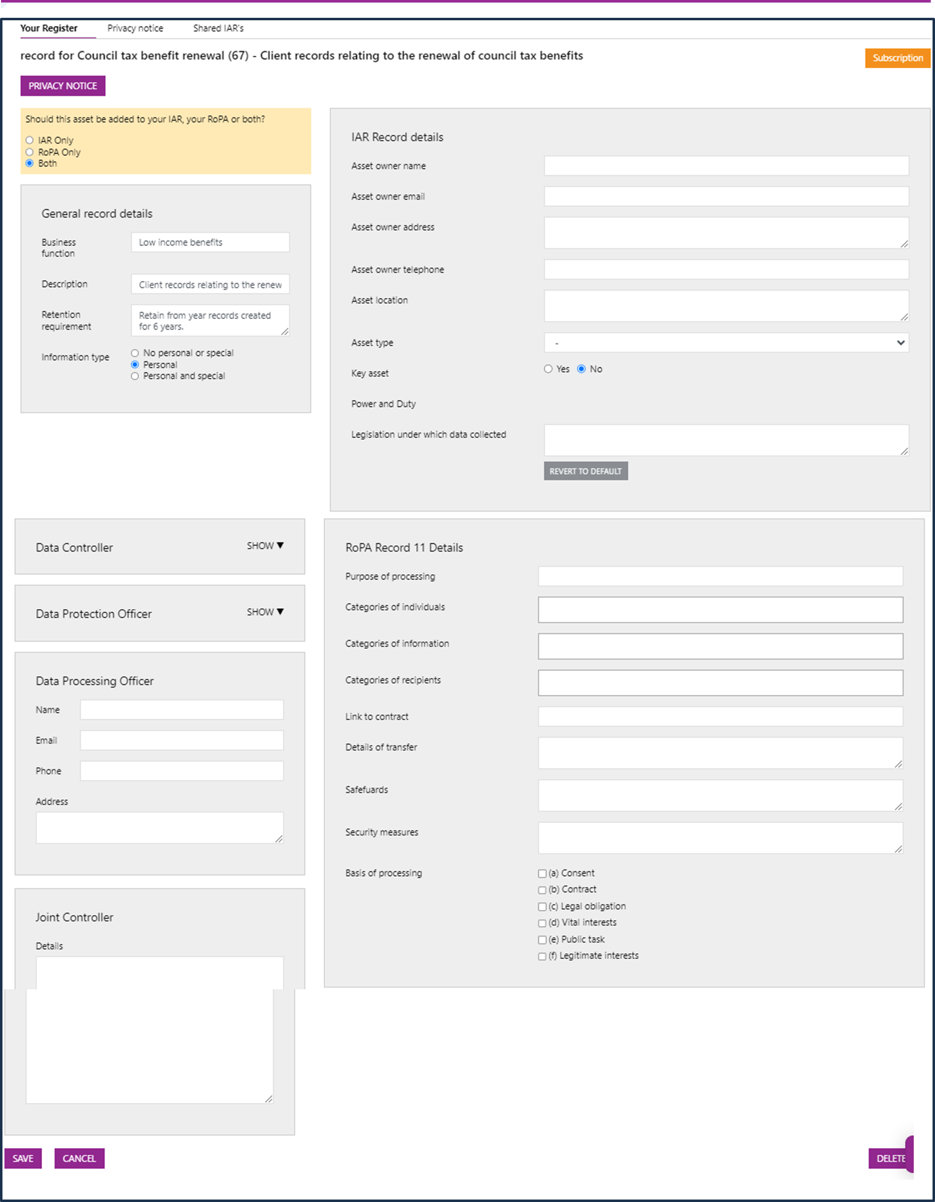 A screenshot of the RoPA application