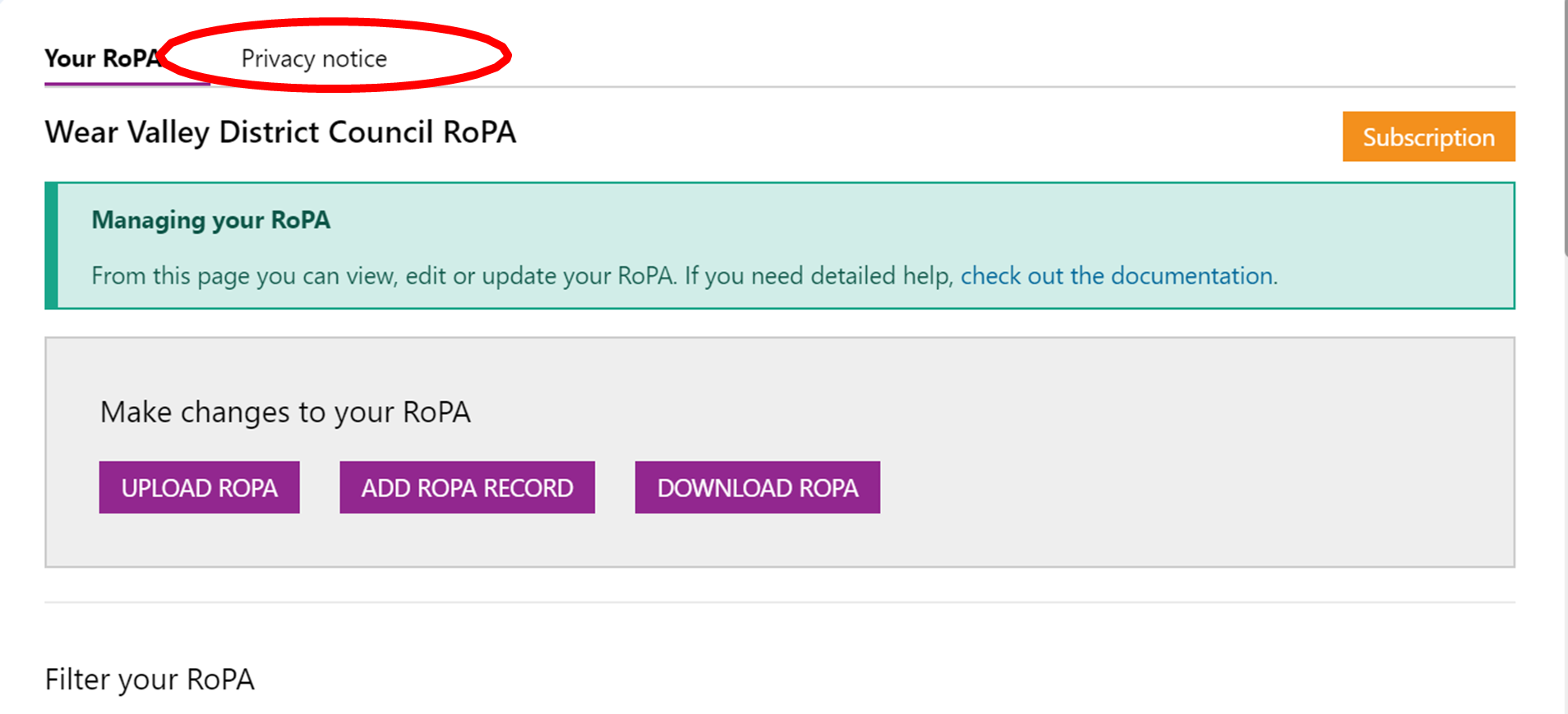 A screenshot of the RoPA application
