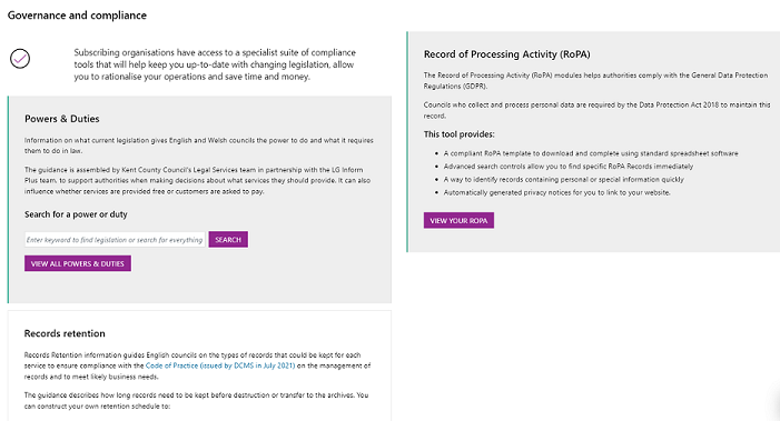 Governance and compliance homepage screenshot