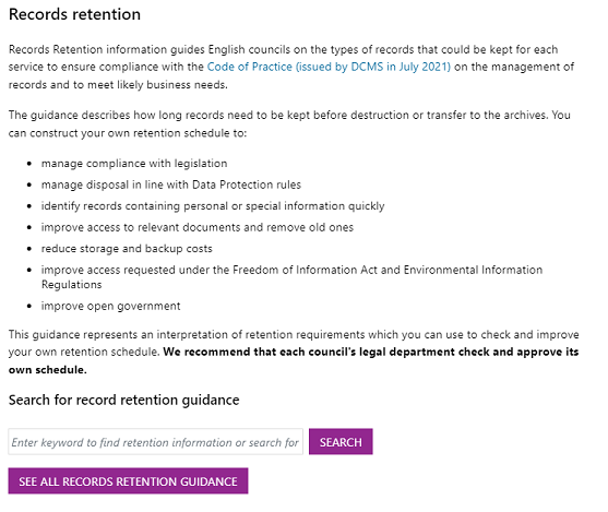 Screenshot of Records Retention section on homepage